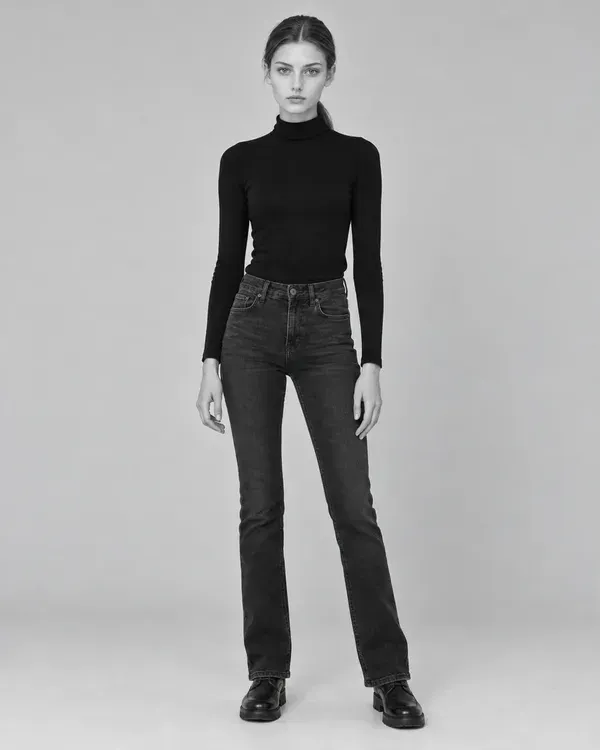 Three black and white photos of a model in a black turtleneck and jeans (full length, close-up and half length), laid out like a comp card to show its layout and size