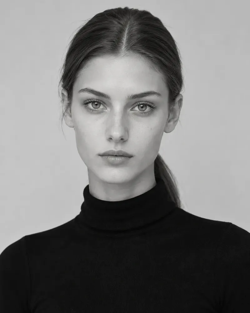 Three black and white photos of a model in a black turtleneck and jeans (full length, close-up and half length), laid out like a comp card to show its layout and size