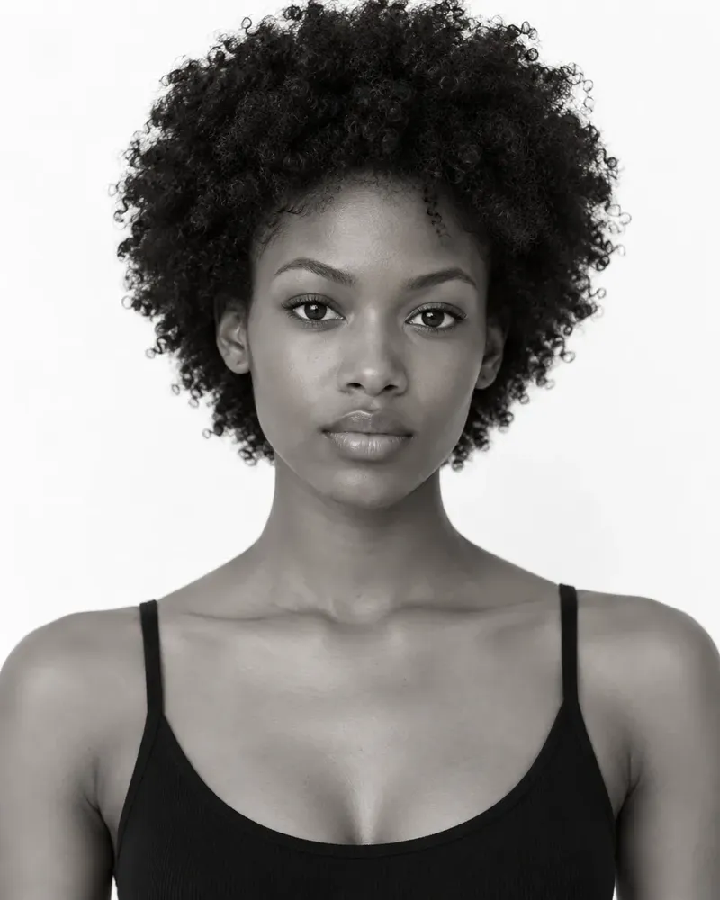 Three black and white photos of a model with natural curly hair (full length, close-up and half length), as they would appear on a digital comp card