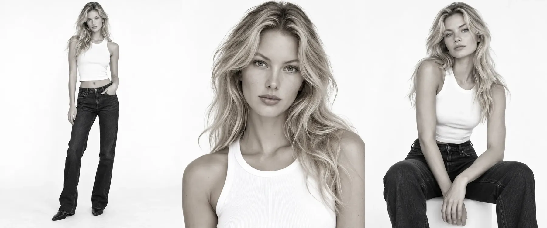 Three black and white photos of a model in a white top and jeans (full length, close-up and seated), chosen for a comp card