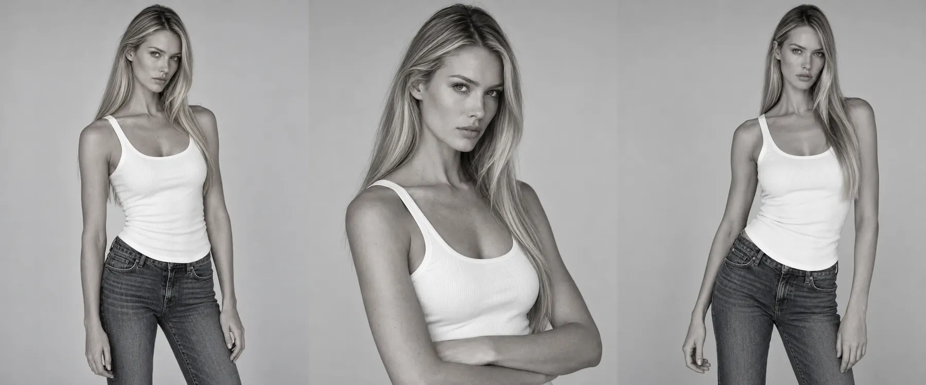 Three black and white photos of a model, laid out as they would be on a comp card