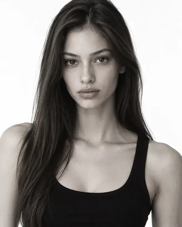 Three black and white photos of a model with long dark hair in a black top and jeans, the kind of photos to send in an agency submission