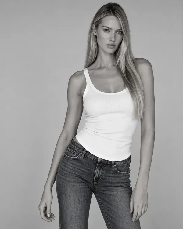 Three black and white photos of a model in a white top and jeans, an example of the photos a casting call asks applicants to send