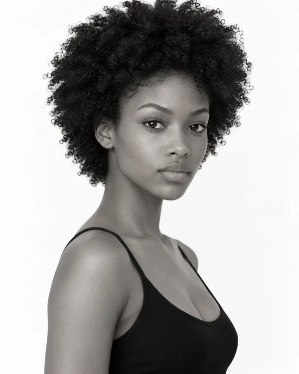 Three black and white portraits of a model, shown side by side like the panels of a comp card template