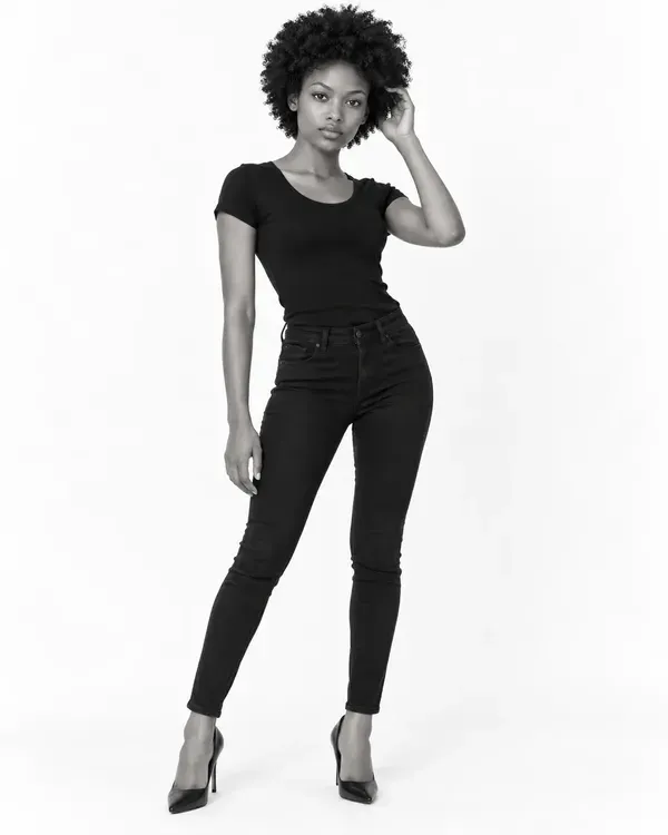 Three black and white photos of a model in a fitted black top and jeans, full length and close-up, showing the proportions that measurements describe
