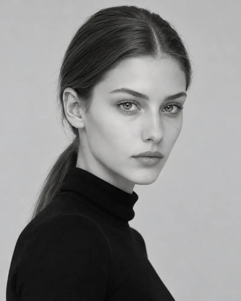 Three plain black and white digitals of a model in a black turtleneck and jeans (full length, close-up and half length) against a simple background