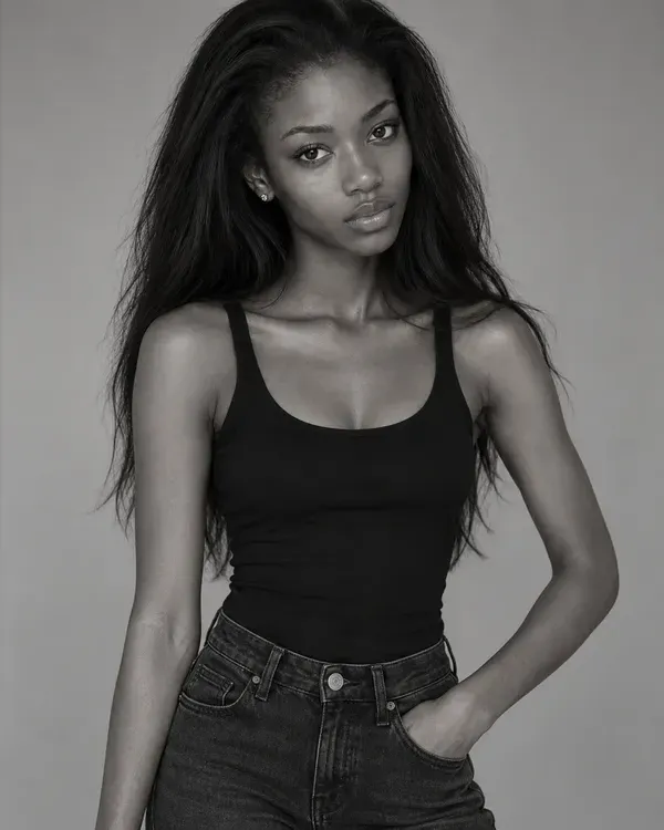Three black and white portraits of a model with long dark hair in a black top