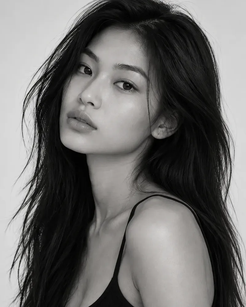 Three black and white photos of a model (full length, close-up and seated), laid out as they would be on a model comp card