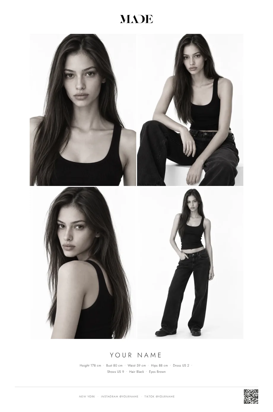 The Composite comp card design, a portrait sheet with a grid of photos