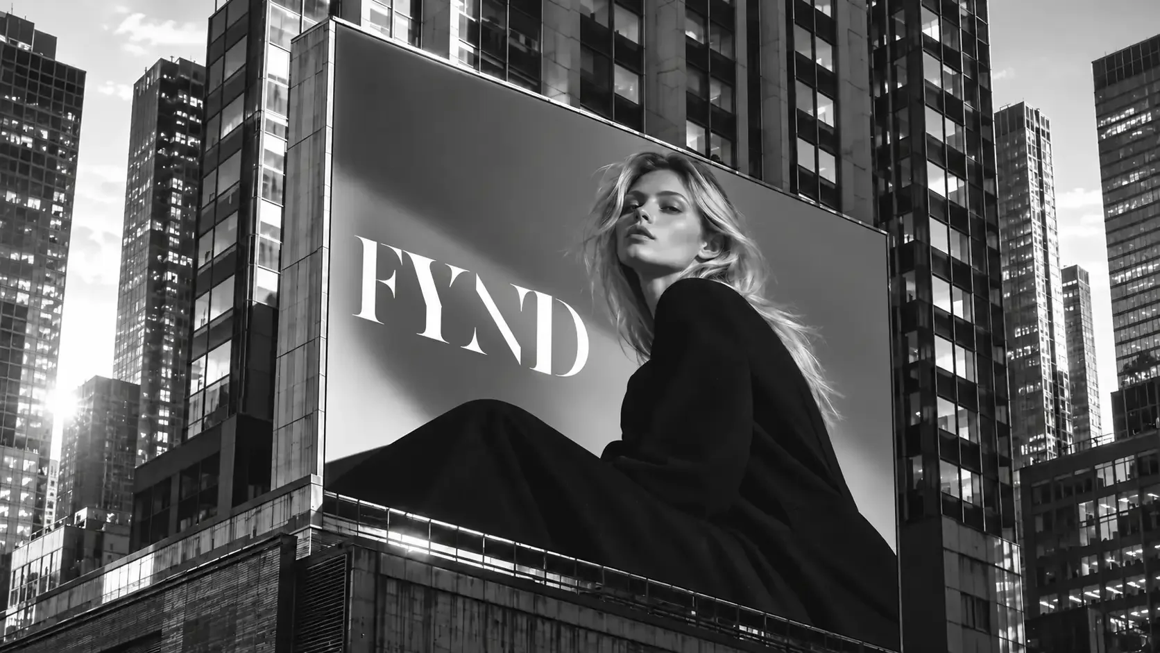 A FYND billboard above a city skyline
