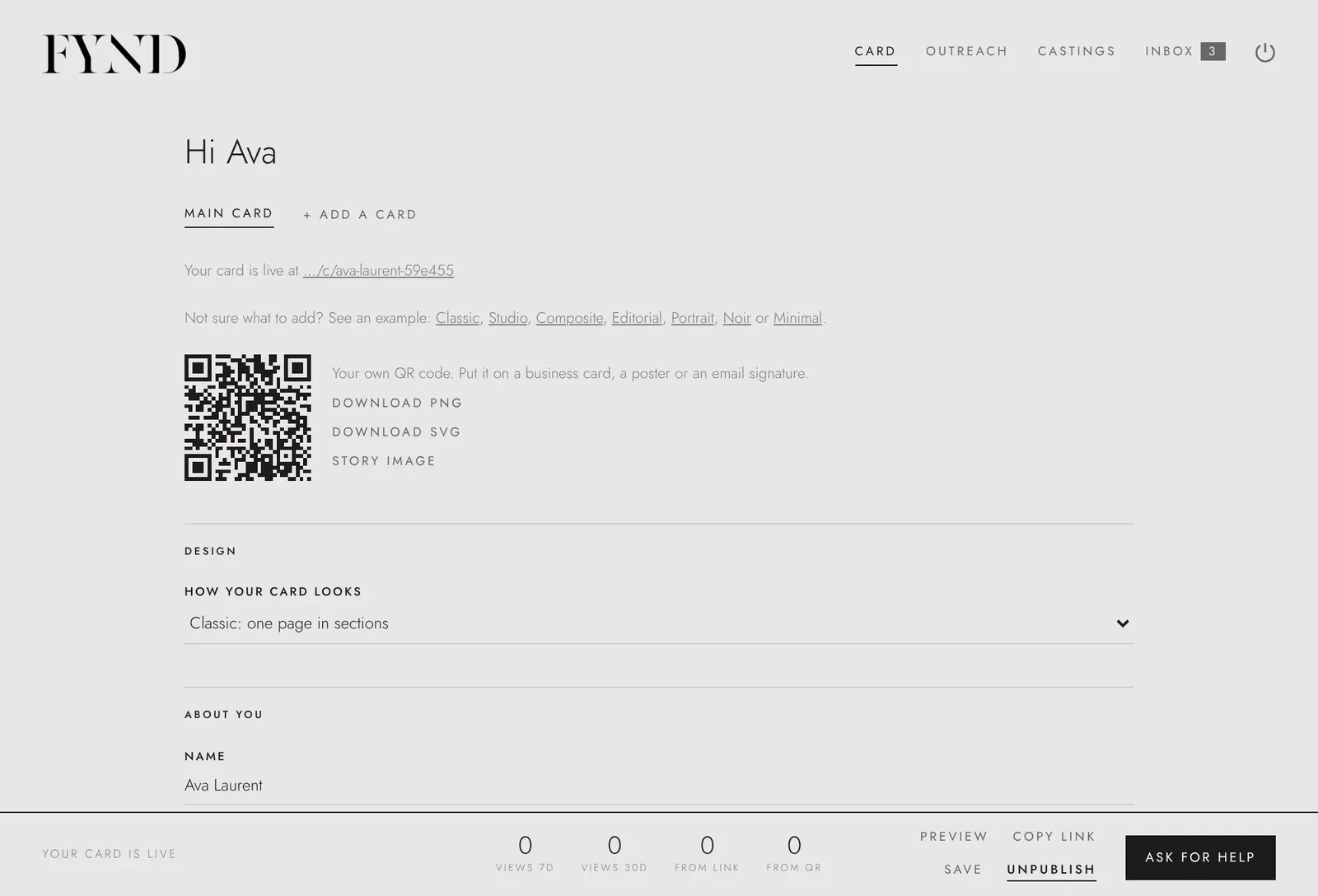 The talent portal: building a comp card, with a QR code