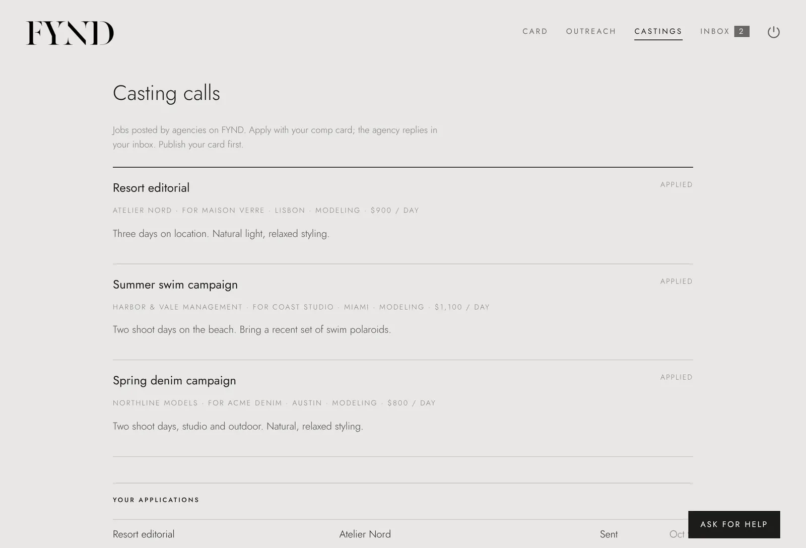 Casting calls posted by agencies, with applications