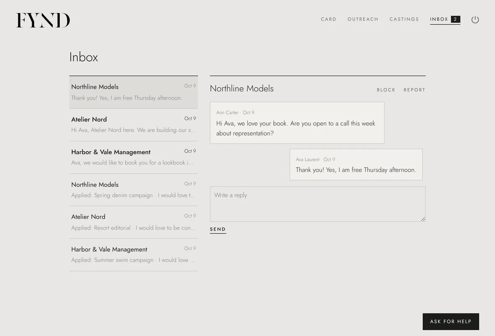 The FYND talent inbox with conversations from agencies